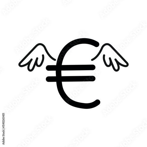 Handwritten black euro money with wings symbol. Currency illustration symbol vector design. EUR. Spent, expenses, purchases, dwindling, transfer and devaluation.