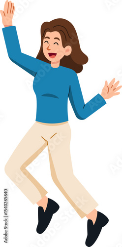 Jumping for joy: A young woman levitates in mid-air, arms and legs wide, exuding pure happiness in a digital illustration capturing her blissful emotion.