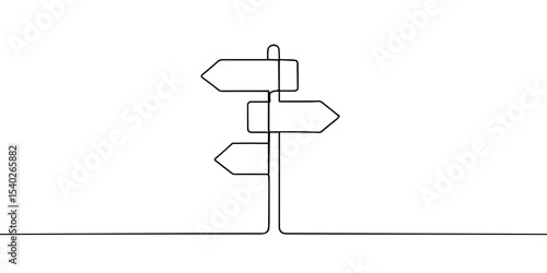 One Continuous line drawing of Road direction sign arrows to the right and left isolated on white. Pointer symbol in simple liner style. Vector illustration for web banner, design template, postcard