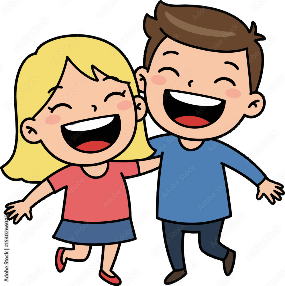 Joyful Embrace: Cartoon characters of a happy boy and girl laughing together, capturing the essence of friendship and joy. Joyful Embrace: Cartoon characters of a happy boy and girl laughing together, capturing the essence of friendship and joy.