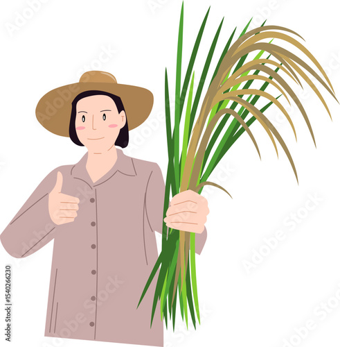 Harvesting with Pride: A farmer, radiating contentment, presents a bundle of golden rice stalks, a symbol of agricultural yield and the fruits of labor.