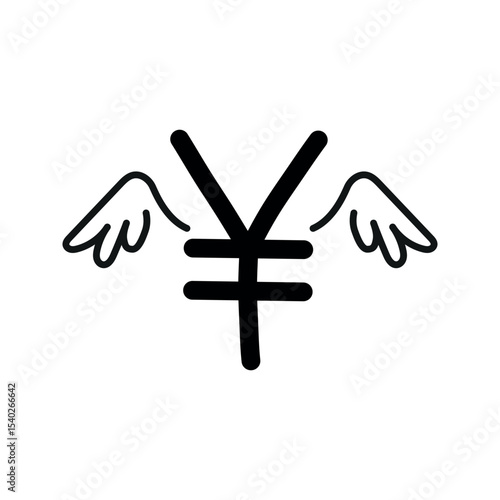Handwritten black Yen or Yuan money with wings symbol. Currency illustration symbol vector design. JPY or CNY. Spent, expenses, purchases, dwindling, transfer and devaluation.