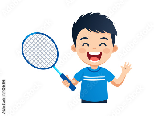 Cartoon boy playing tennis with a racket and ball
