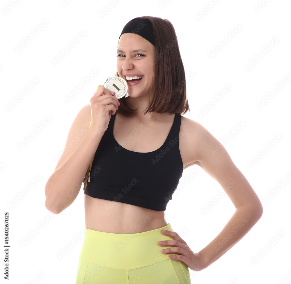 Sporty young woman with first place medal for winning marathon on white background Sporty young woman with first place medal for winning marathon on white background