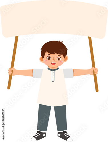 Young Boy Holding Sign: This image features a charming illustration of a young boy holding a blank sign over his head, arms outstretched, with a cheerful smile.