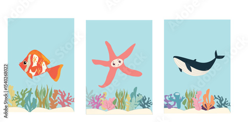 Nursery art,Collection of Cute sea animals ,Funny orange fish, starfish,whale, with colorful seaweeds poster for baby room,