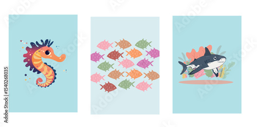 Nursery art,Collection of Cute sea animals ,Funny sea ​​horse,fishes,shark with colorful seaweeds poster for baby room.