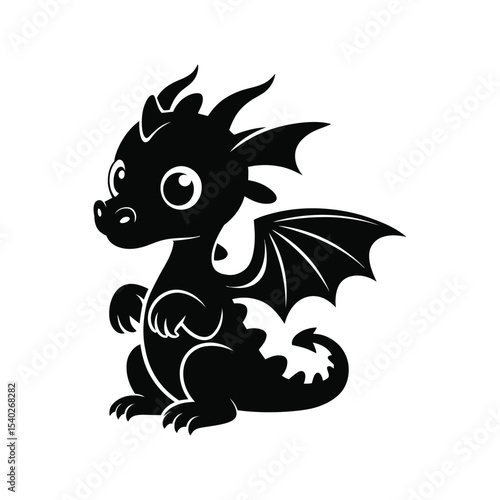 Adorable silhouette of a baby dragon in a sitting position with wings outspread ready to fly