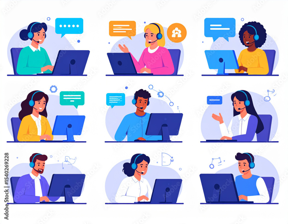 Vector illustration of modern call center agents using AI tools for customer service. Ideal for tech support, helpdesk, and AI chatbot concepts.