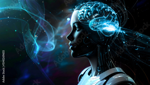 女性の横顔のAIロボット、見つめる瞳、脳と回路が融合したイラスト素材、生成AI画像