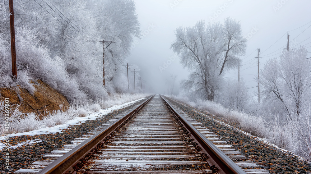 Fototapeta premium Snow-covered railway disappearing into dense fog, winter travel concept, mysterious cold landscape, moody atmospheric scene, remote snowy train tracks