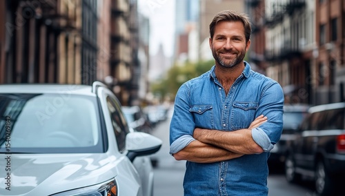 Confident Man in Blue Shirt Standing Proudly Beside White Car on City Street with Urban Buildings in Background