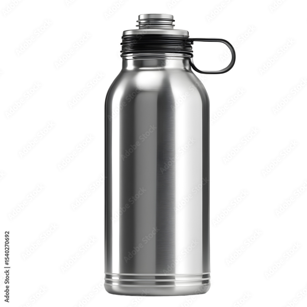 A metal water bottle with screw cap, isolated on a empty plain background A metal water bottle with screw cap, isolated on a empty plain background