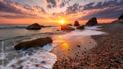 Video of a sunset on the beach on the sea. Summer relaxing motion background.