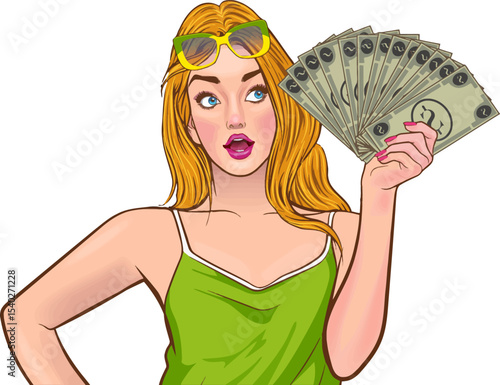 Unexpected Wealth: A pop art portrait of a stylish woman, radiating surprise, clutches a fan of US currency in hand, epitomizing financial windfall and economic prosperity.