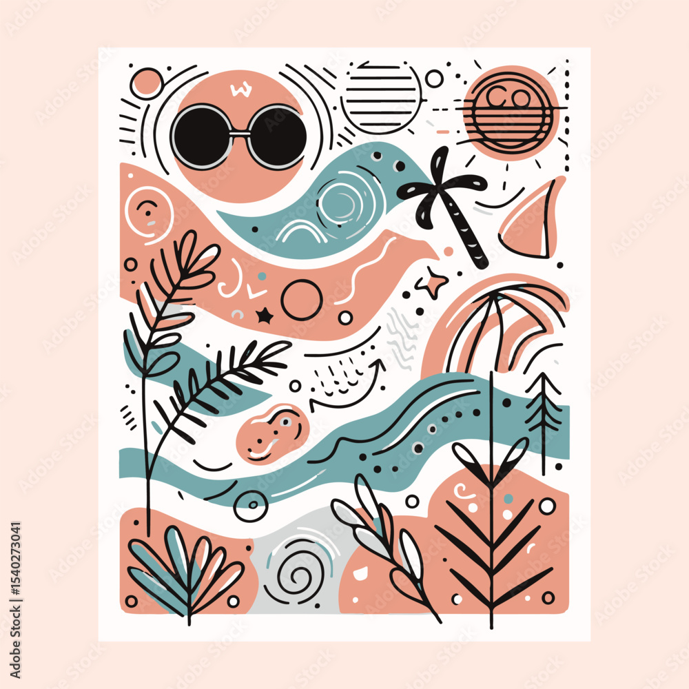 Obraz premium Abstract summer poster or card in simple scribble style