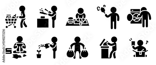Daily life action icon set. Solid style