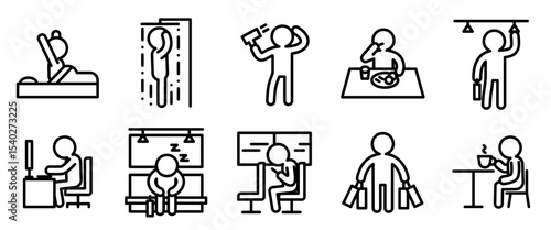 Daily life action icon set. Line outline style