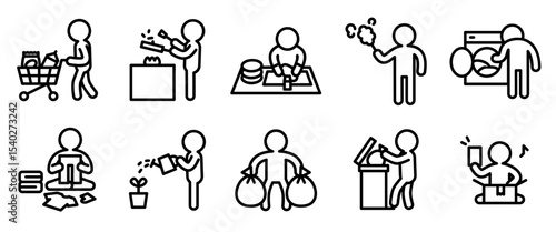 Daily life action icon set. Line outline style