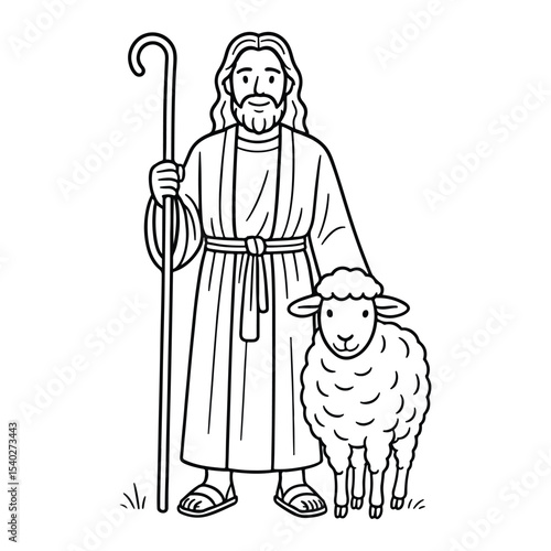 Line art of Jesus or shepherd holding a cane standing beside his lamb