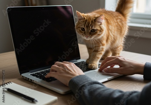 Working from Home with a Fluffy Friend Cat and Laptop Life