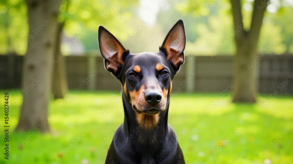 Doberman dog standing calmly in green backyard with trees Doberman dog standing calmly in green backyard with trees