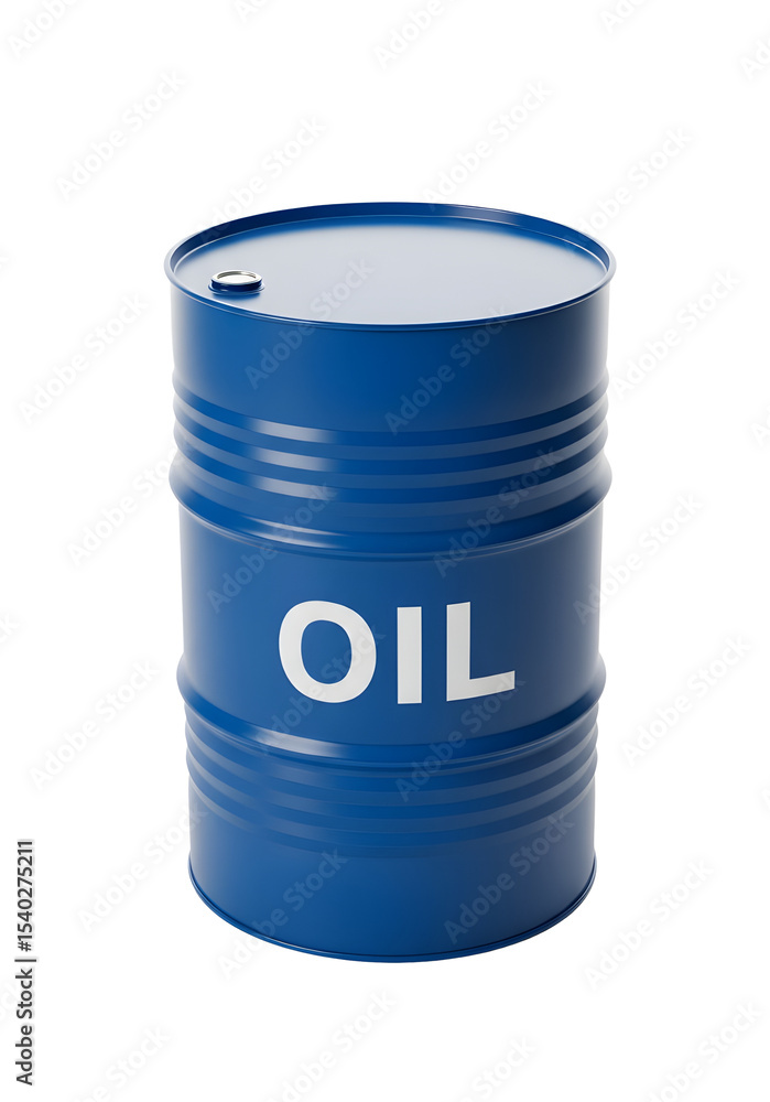 A blue oil barrel with a white label marked 'OIL'. The barrel is cylindrical and has a smooth surface, set against a transparent background. A blue oil barrel with a white label marked 'OIL'. The barrel is cylindrical and has a smooth surface, set against a transparent background.