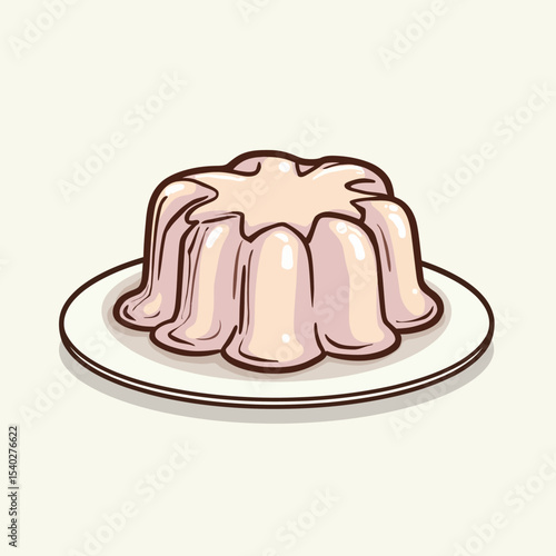 An inviting cartoon illustration of a classic creamy pudding dessert. This sweet, molded jelly with a delicious topping sits on a plate.