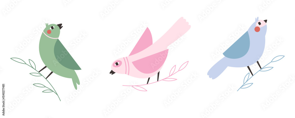 Obraz premium Colorful birds sitting on branches. Hand drawn spring birds set of illustrations or stickers.