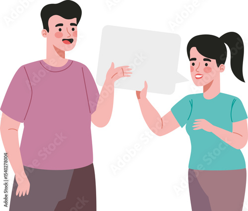 Dialogue in the Digital Sphere: A stylized illustration captures a moment of communication between a man and a woman, where a blank speech bubble floats between them.