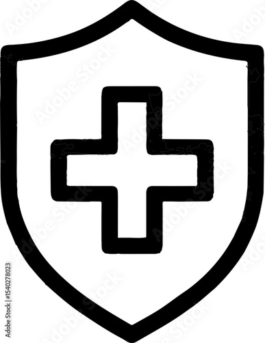 Black and White Graphic Illustration of a Bold Shield Icon Featuring a Central Cross Symbol Representing