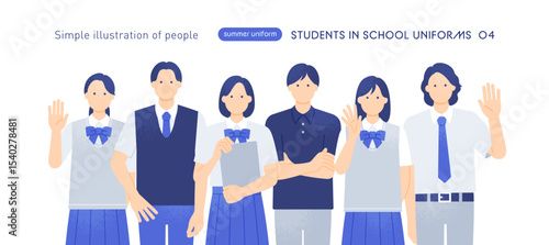 夏服のブレザー制服を着た男女学生たち 応援・呼びかけポーズのベクターイラストセット