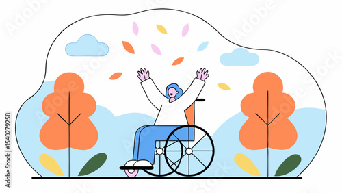 Joyful Woman in Wheelchair Enjoying Autumn Leaves