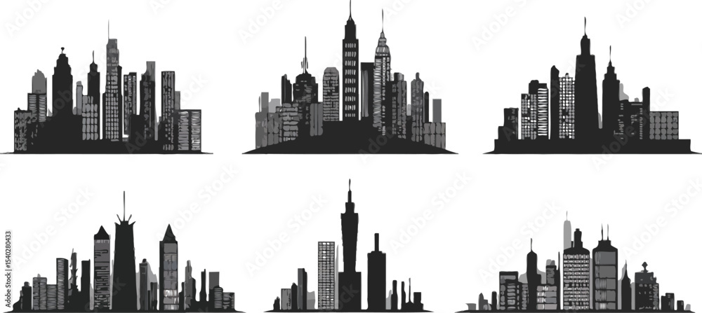 Obraz premium Six black silhouette cityscapes against a white background in a repeating pattern formation