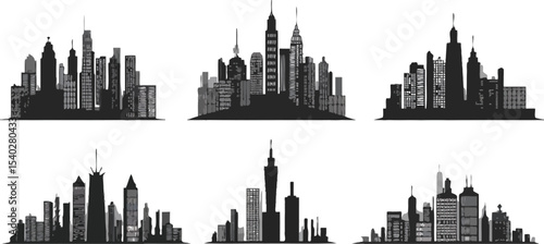 Six black silhouette cityscapes against a white background in a repeating pattern formation