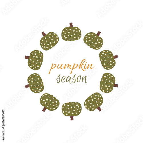 Autumn pumpkin frame. Autumn circle frame. Round border made of fall pumpking in green. Vector flat isolated on white background.	
