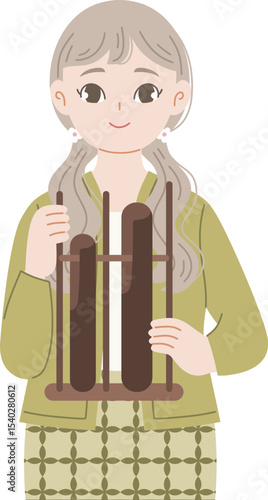 Melodic Harmony: A smiling person in a traditional attire is playing an Angklung instrument, capturing cultural heritage and melodic vibrations.