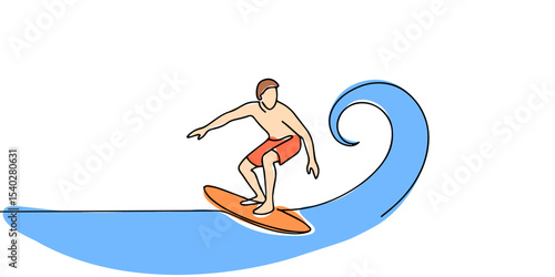 Single continuous line drawing young professional surfer in action riding the waves on blue ocean. Extreme watersport concept. Summer vacation. Trendy one line draw design vector graphic illustration