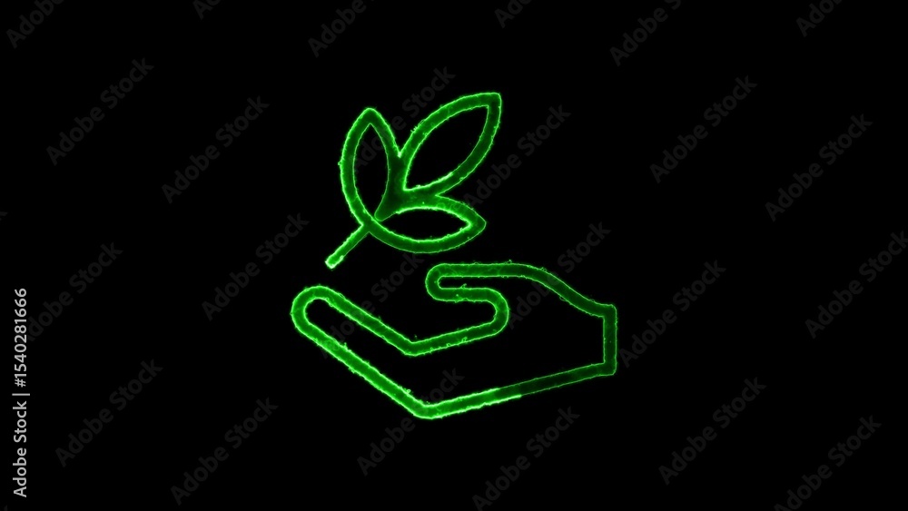 Environmental conservation concept showing a green hand holding a leaf on a black background Environmental conservation concept showing a green hand holding a leaf on a black background