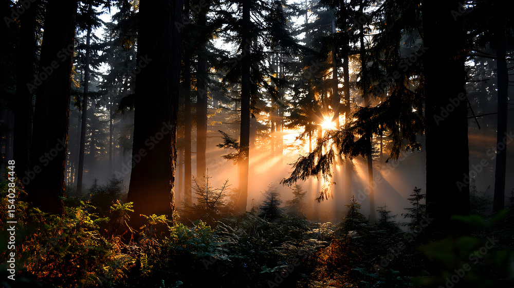 Obraz premium A retro postcard of a foggy forest at dusk, with the last rays of sunlight shining through the mist, casting a soft golden light over the trees.