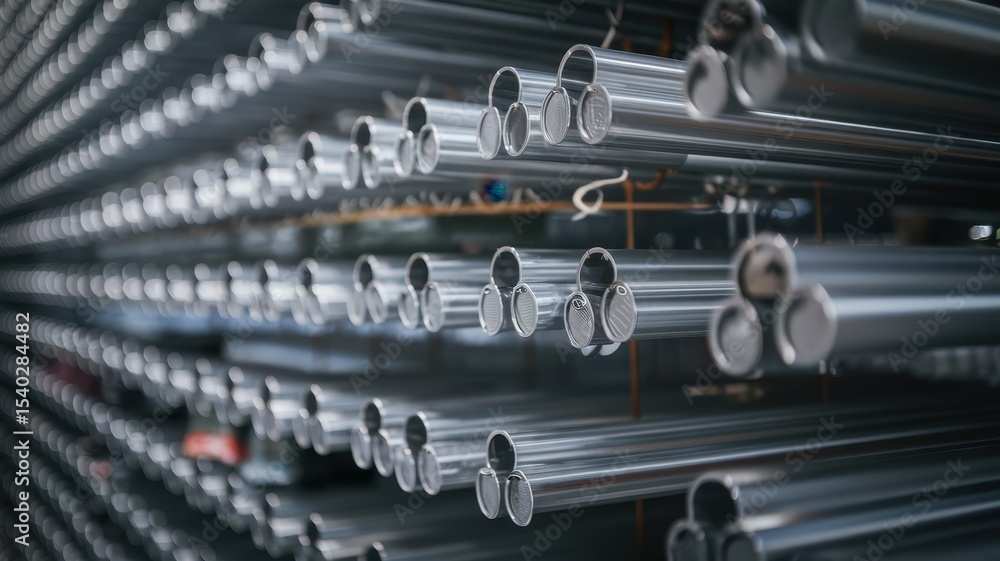 A dense arrangement of polished aluminum extrusions, ready for further processing. The image showcases the scale of metal production and the uniformity of manufactured components. A dense arrangement of polished aluminum extrusions, ready for further processing. The image showcases the scale of metal production and the uniformity of manufactured components.