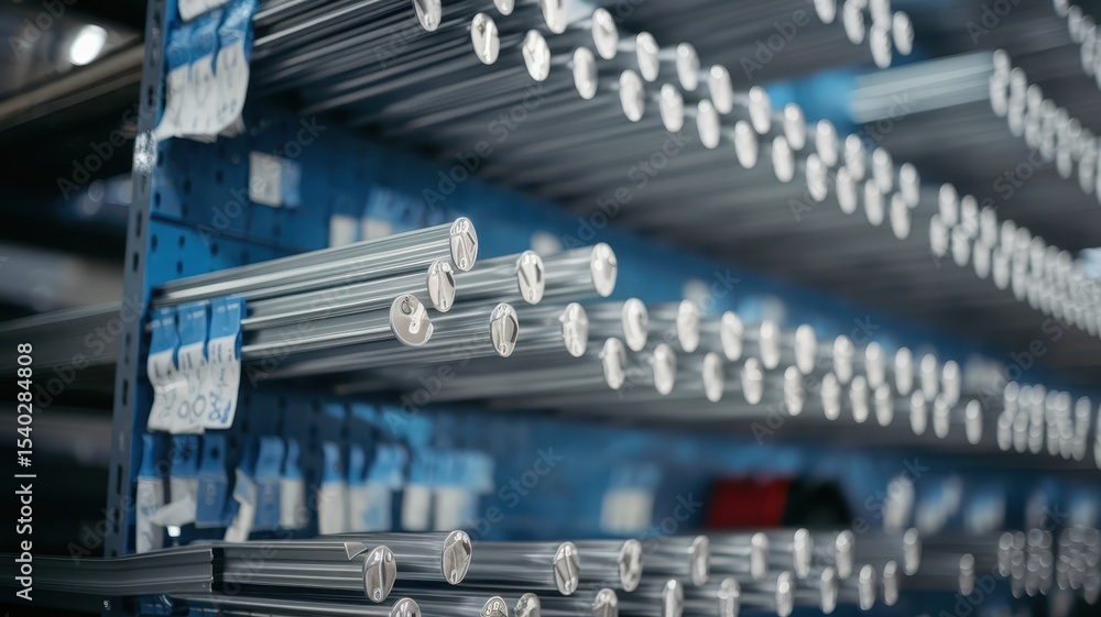 Obraz premium A dense arrangement of polished aluminum extrusions, ready for further processing. The image showcases the scale of metal production and the uniformity of manufactured components.