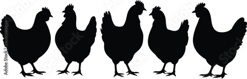 Five black chicken silhouettes standing in a row on a white background in a horizontal composition