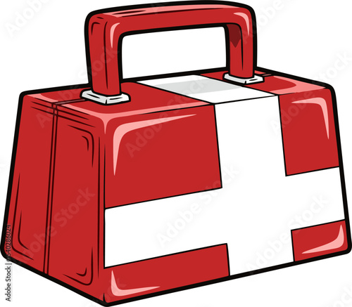 Cartoon Red First Aid Kit with White Cross and Black Outline