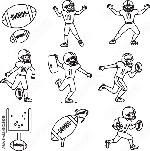 American Football Player Illustrations Line Art Set for Graphic Design Projects