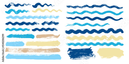 Wave brush strokes vector set background. Curve blue watercolor lines. Set of hand painted sea brush strokes isolated on white. wavy line collection