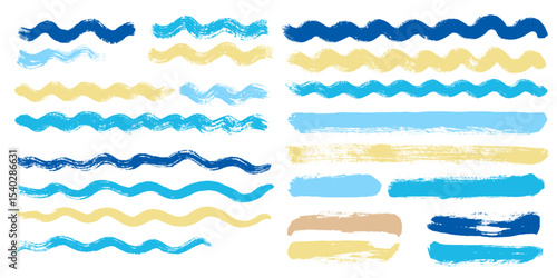 Wave brush strokes vector set background. Curve blue watercolor lines. Set of hand painted sea brush strokes isolated on white. wavy line collection