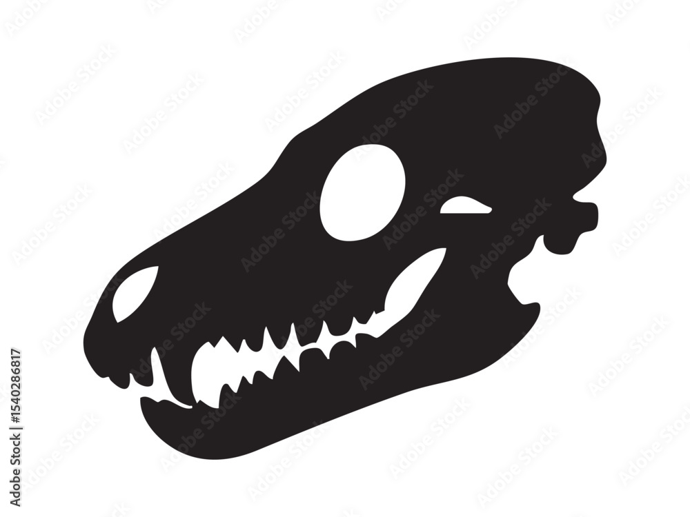 Obraz premium Black silhouette of a dog skull with sharp teeth, isolated on white background, graphic illustration. Concept of canine anatomy, pet skeleton, horror tattoo design, veterinary or halloween symbol
