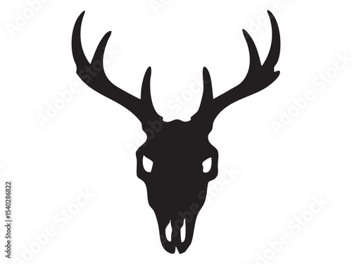 Black silhouette of deer skull with large branched antlers, isolated on white background, graphic illustration. Concept of wild animal skeleton, moose or roe deer skull, design element