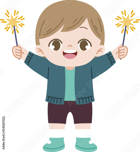 Joyful Sparkler Play: A cheerful young boy holds two sparkling sparklers, his face alight with glee and wonder. His eyes sparkle with pure joy.